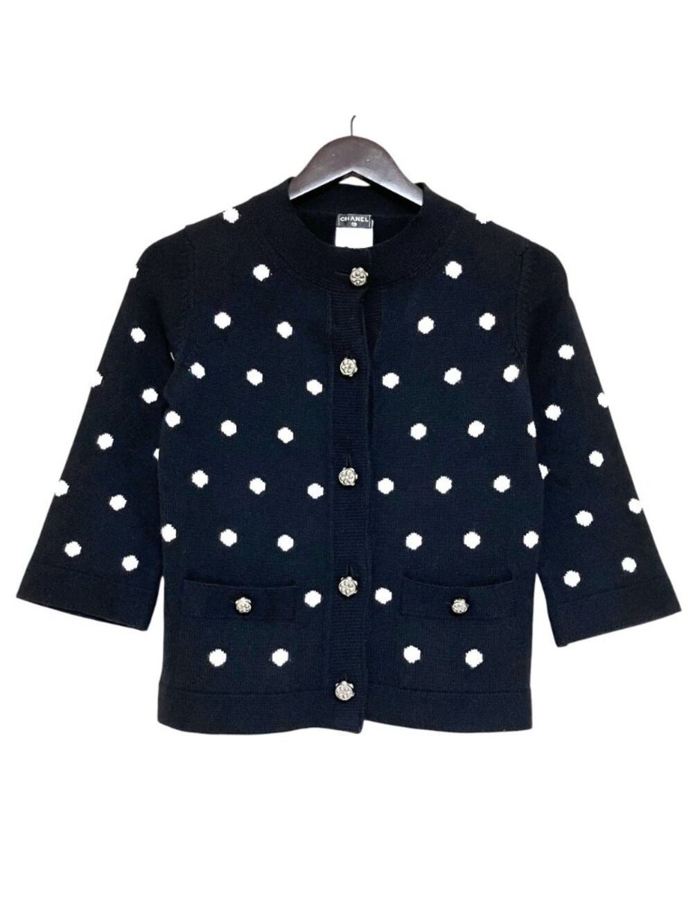 Chanel Dot Pattern Jacquard 3/4 Sleeve Cashmere Knit Cardigan 34 Black White